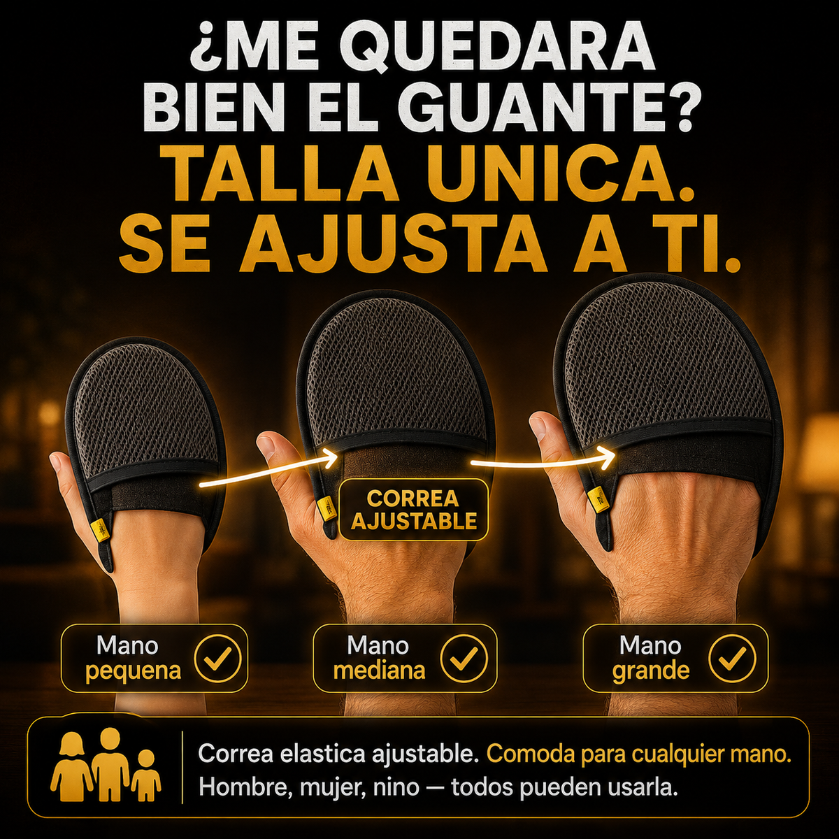Talla unica. La correa se ajusta a cualquier mano.