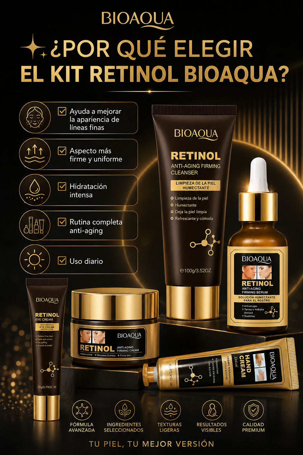 Kit Skincare Retinol 5 PZS Bioaqua | Rutina Completa Anti-Aging