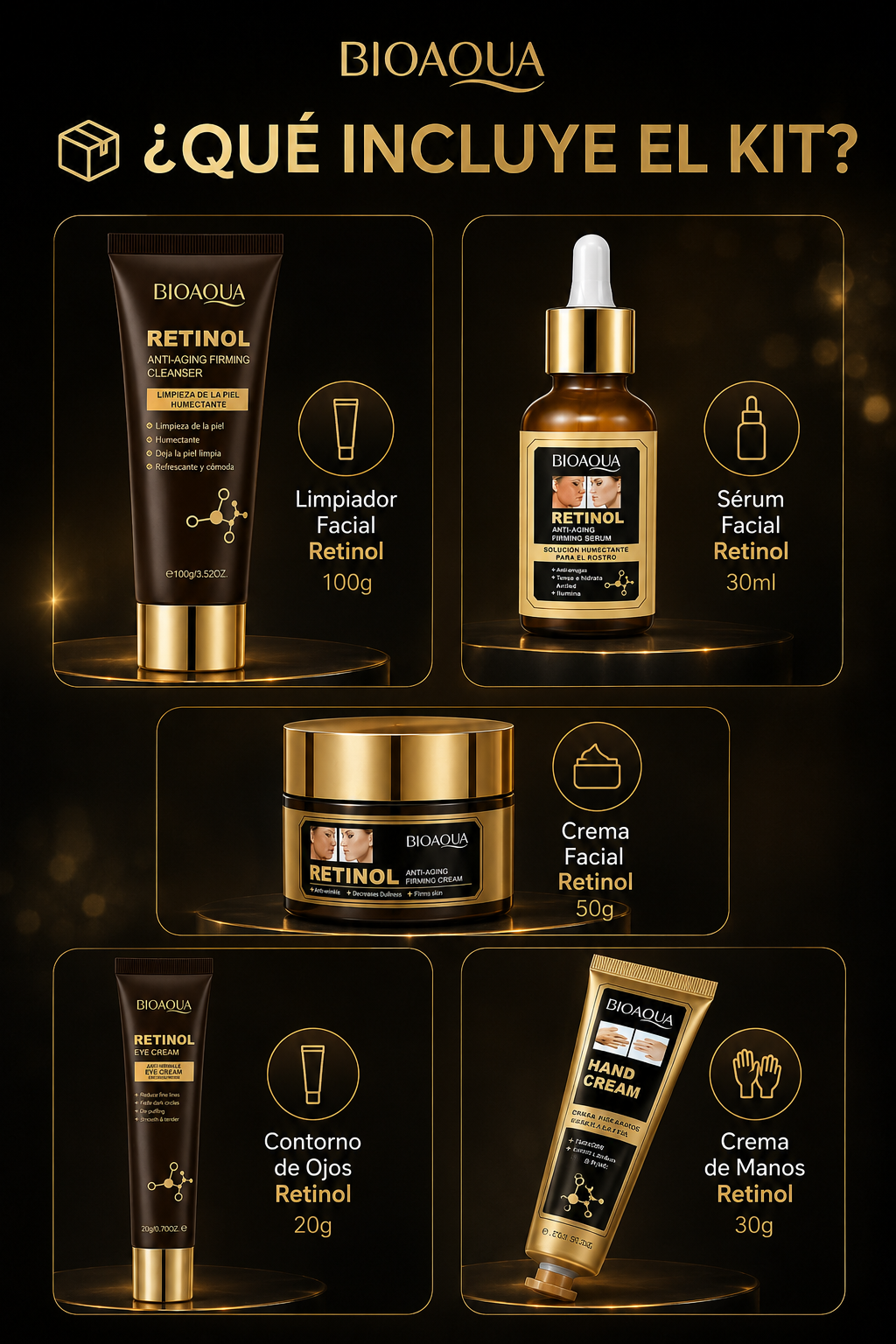 Kit Skincare Retinol 5 PZS Bioaqua | Rutina Completa Anti-Aging