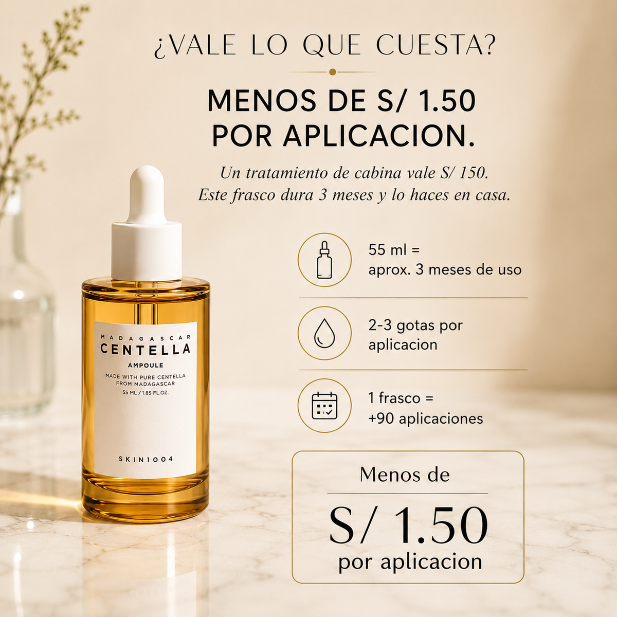 Menos de S/ 1.50 por aplicacion. Dura hasta 3 meses.