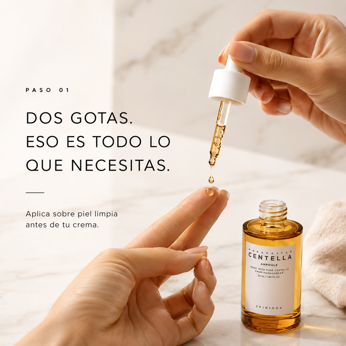 Aplica dos o tres gotas sobre piel limpia