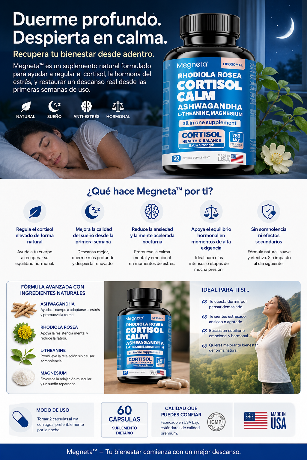 Megneta™ Cortisol Calm 60 cápsulas | Suplemento para el Estrés, Sueño Profundo y Equilibrio Hormonal