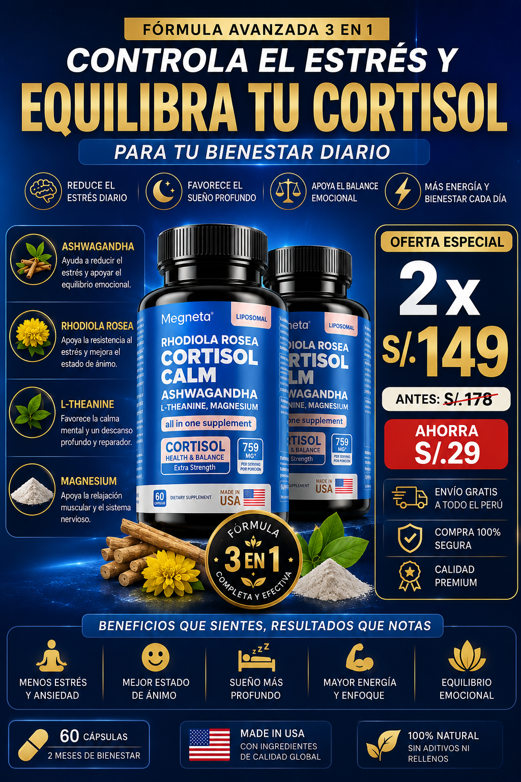 Megneta™ Cortisol Calm 60 cápsulas | Suplemento para el Estrés, Sueño Profundo y Equilibrio Hormonal