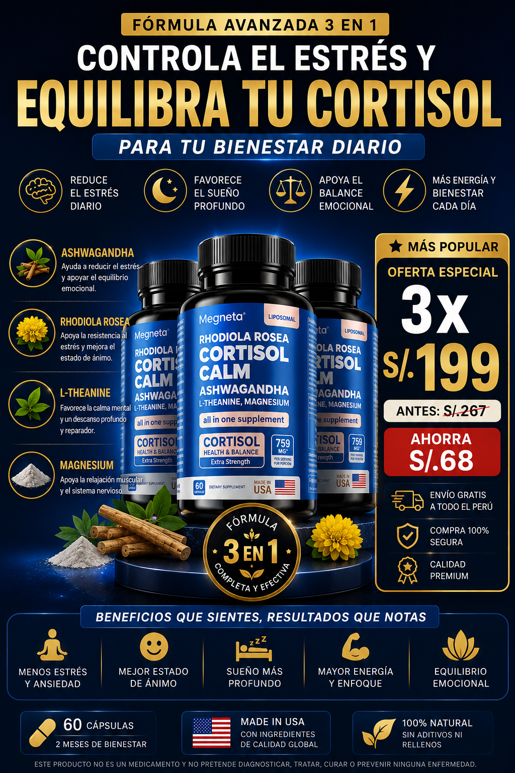 Megneta™ Cortisol Calm 60 cápsulas | Suplemento para el Estrés, Sueño Profundo y Equilibrio Hormonal
