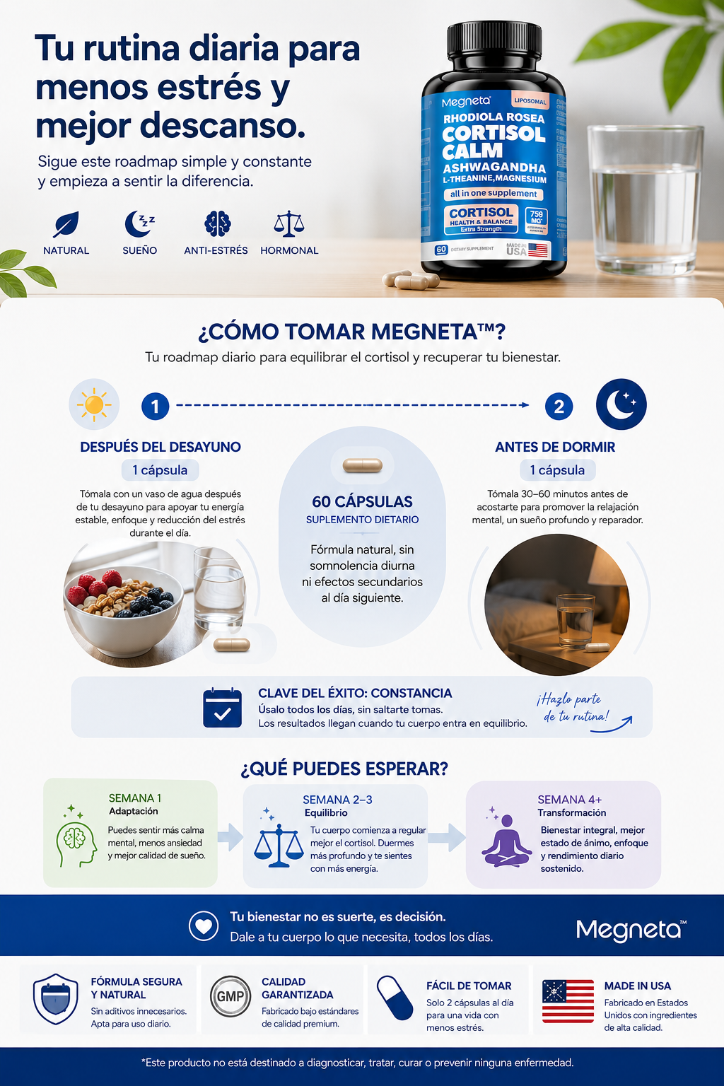Megneta™ Cortisol Calm 60 cápsulas | Suplemento para el Estrés, Sueño Profundo y Equilibrio Hormonal